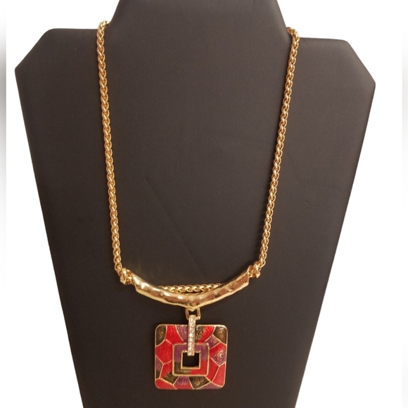 VINTAGE BYZANTINE  STYLE GOLDTONED & ENAMEL  PENDANT & WHEAT ROPE CHAIN NECKLACE - Picture 1 of 5